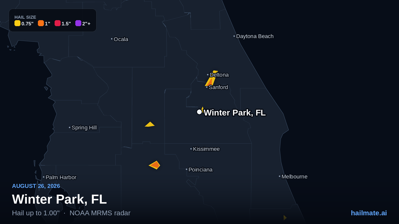 Hail swath map for Winter Park, FL on August 26, 2026 showing 1.00 inch hail.