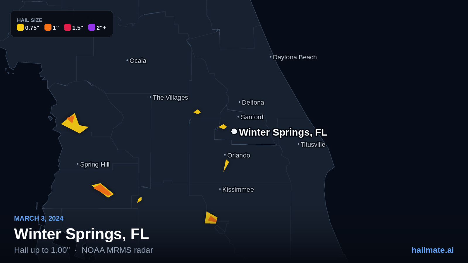 Hail swath map for Winter Springs, FL on March 3, 2024 showing 1.00 inch hail.