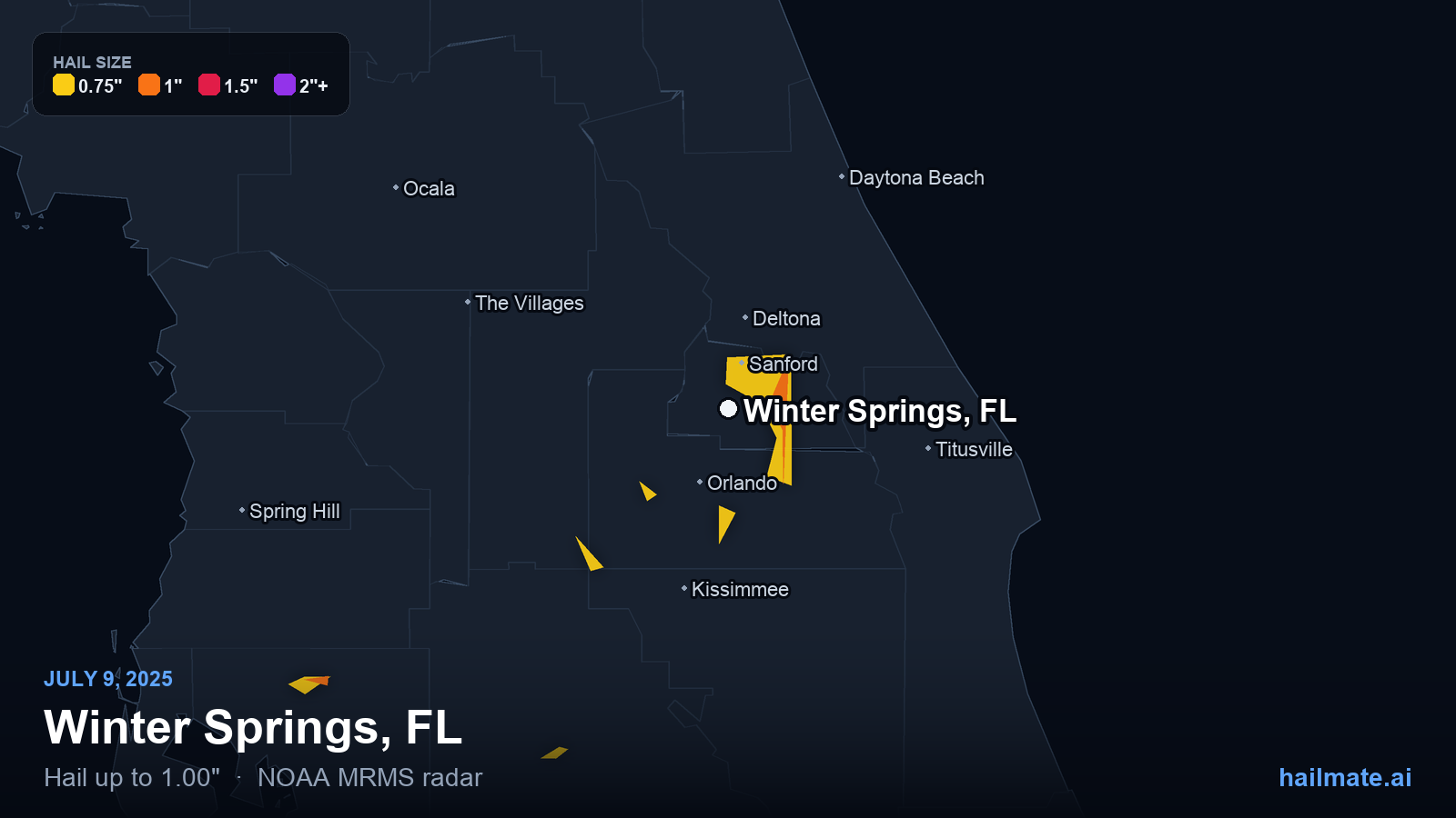 Hail swath map for Winter Springs, FL on July 9, 2025 showing 1.00 inch hail.