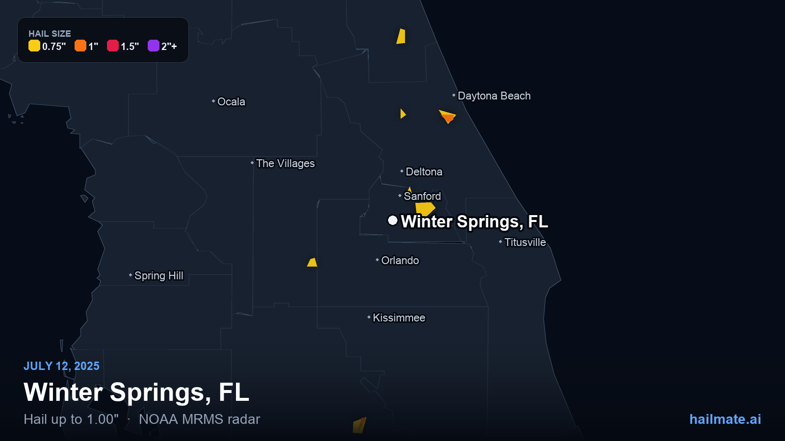 Hail swath map for Winter Springs, FL on July 12, 2025 showing 1.00 inch hail.