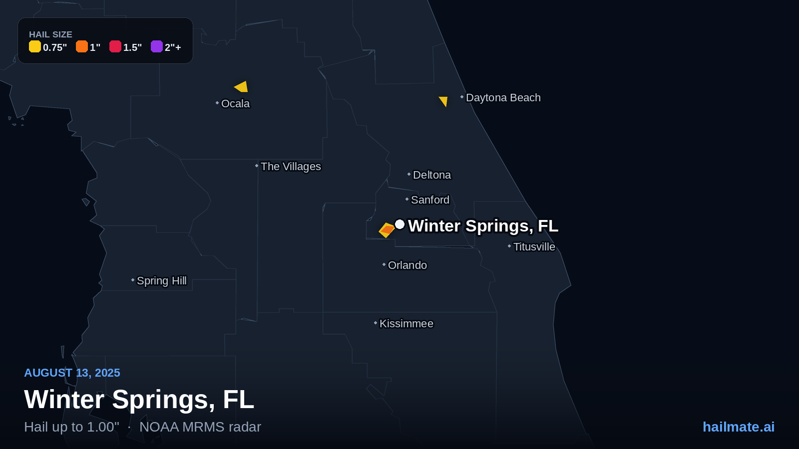 Hail swath map for Winter Springs, FL on August 13, 2025 showing 1.00 inch hail.