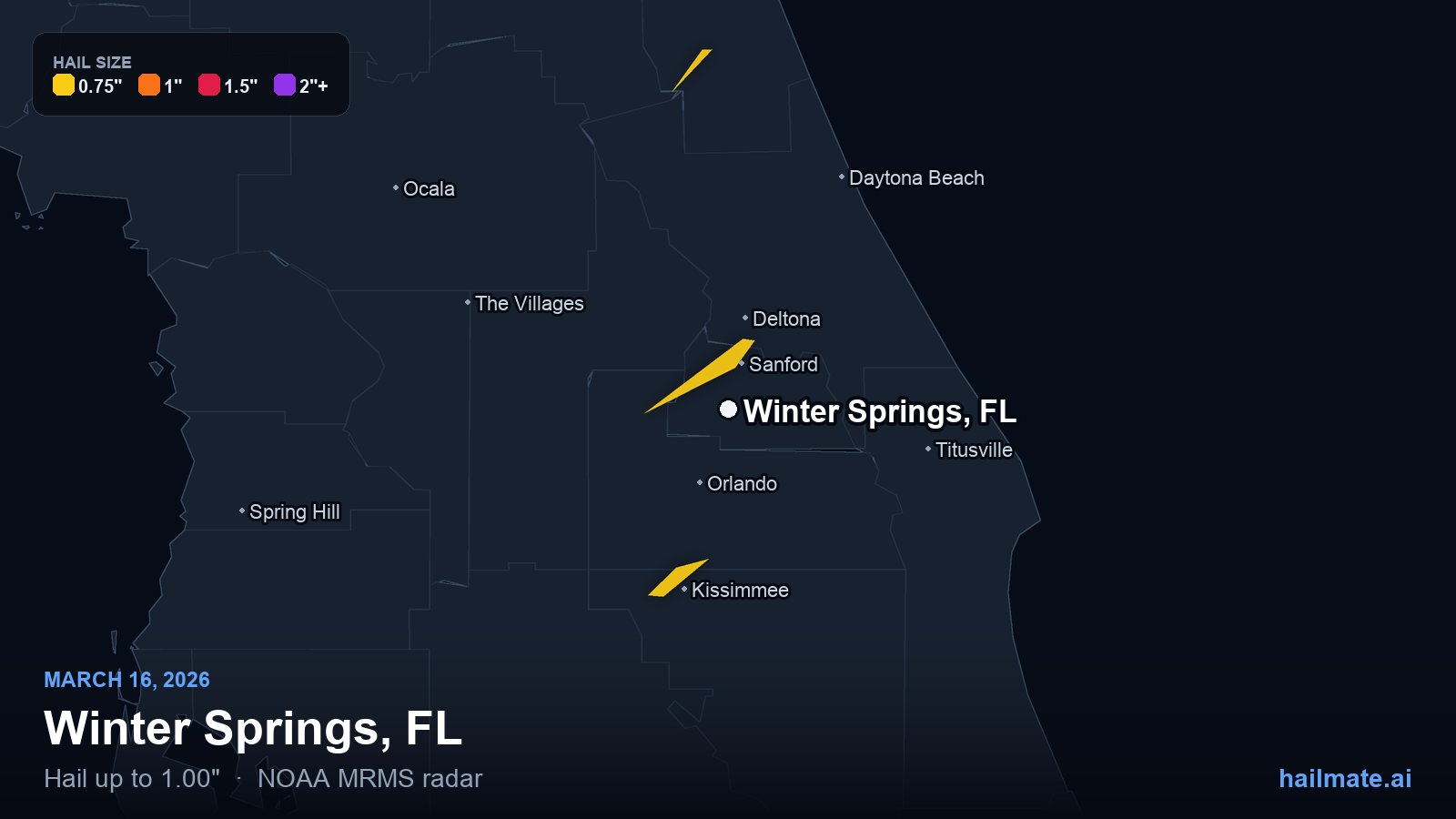 Hail swath map for Winter Springs, FL on March 16, 2026 showing 1.00 inch hail.