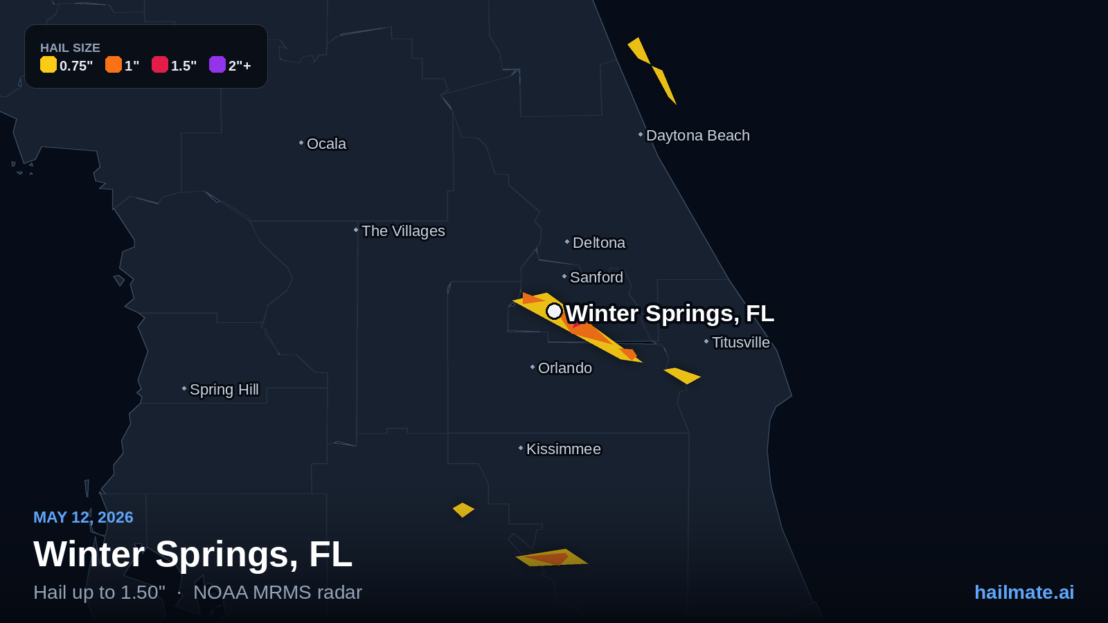 Hail swath map for Winter Springs, FL on May 12, 2026 showing 1.50 inch hail.