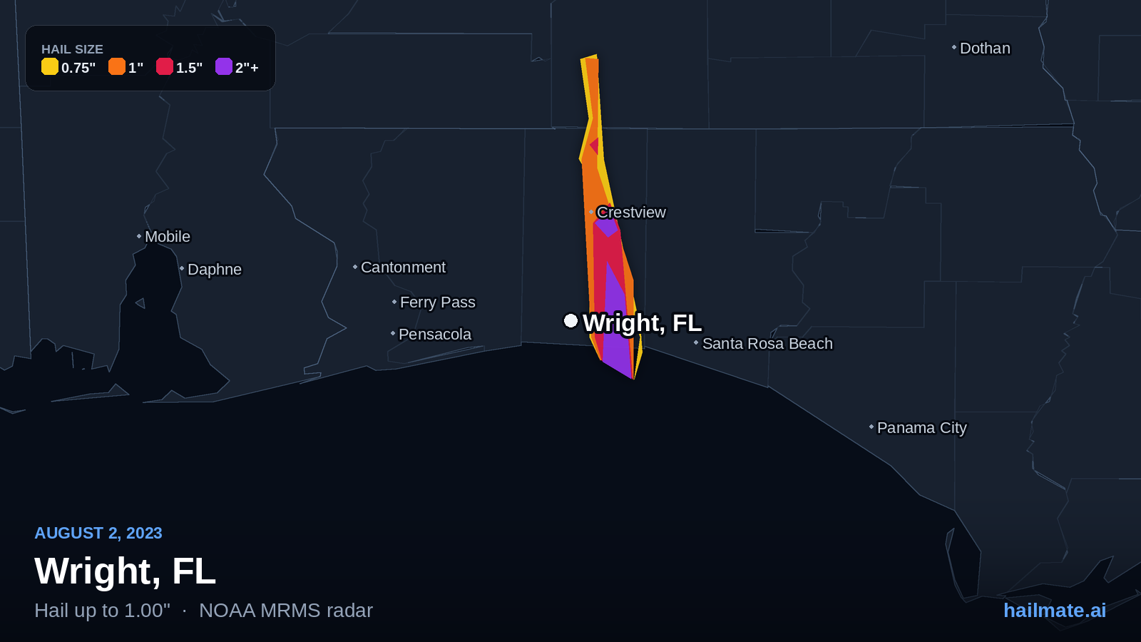 Hail swath map for Wright, FL on August 2, 2023 showing 1.00 inch hail.