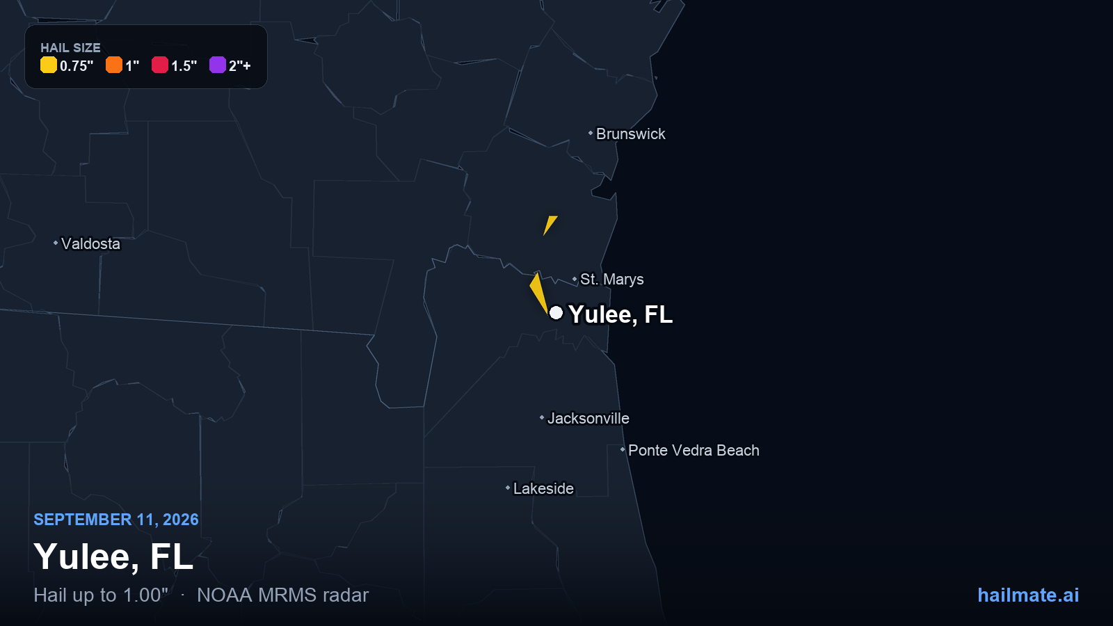 Hail swath map for Yulee, FL on September 11, 2026 showing 1.00 inch hail.