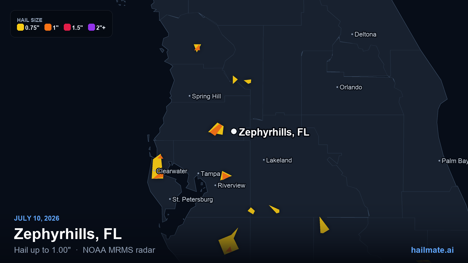 Hail swath map for Zephyrhills, FL on July 10, 2026 showing 1.00 inch hail.