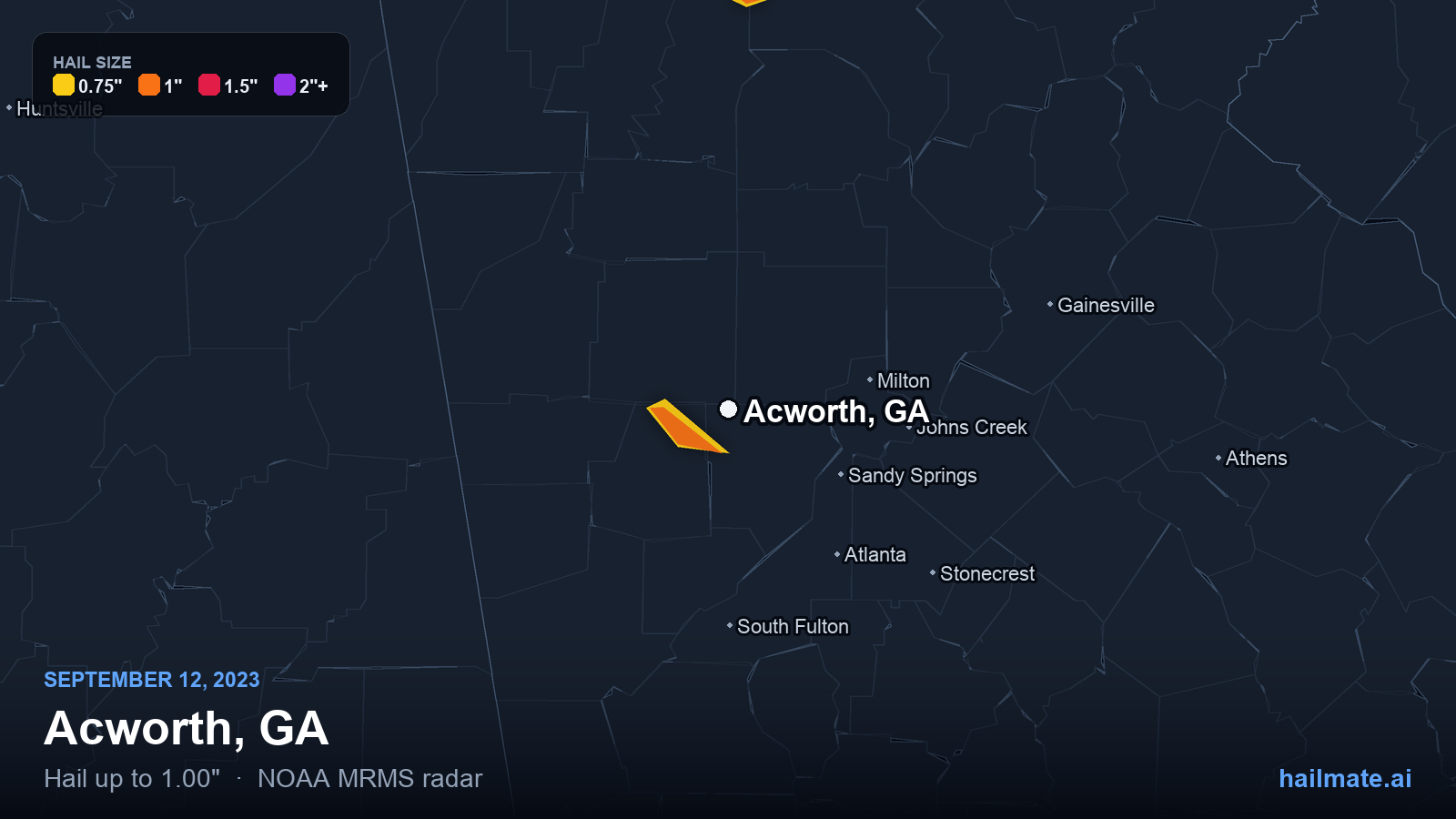 Hail swath map for Acworth, GA on September 12, 2023 showing 1.00 inch hail.