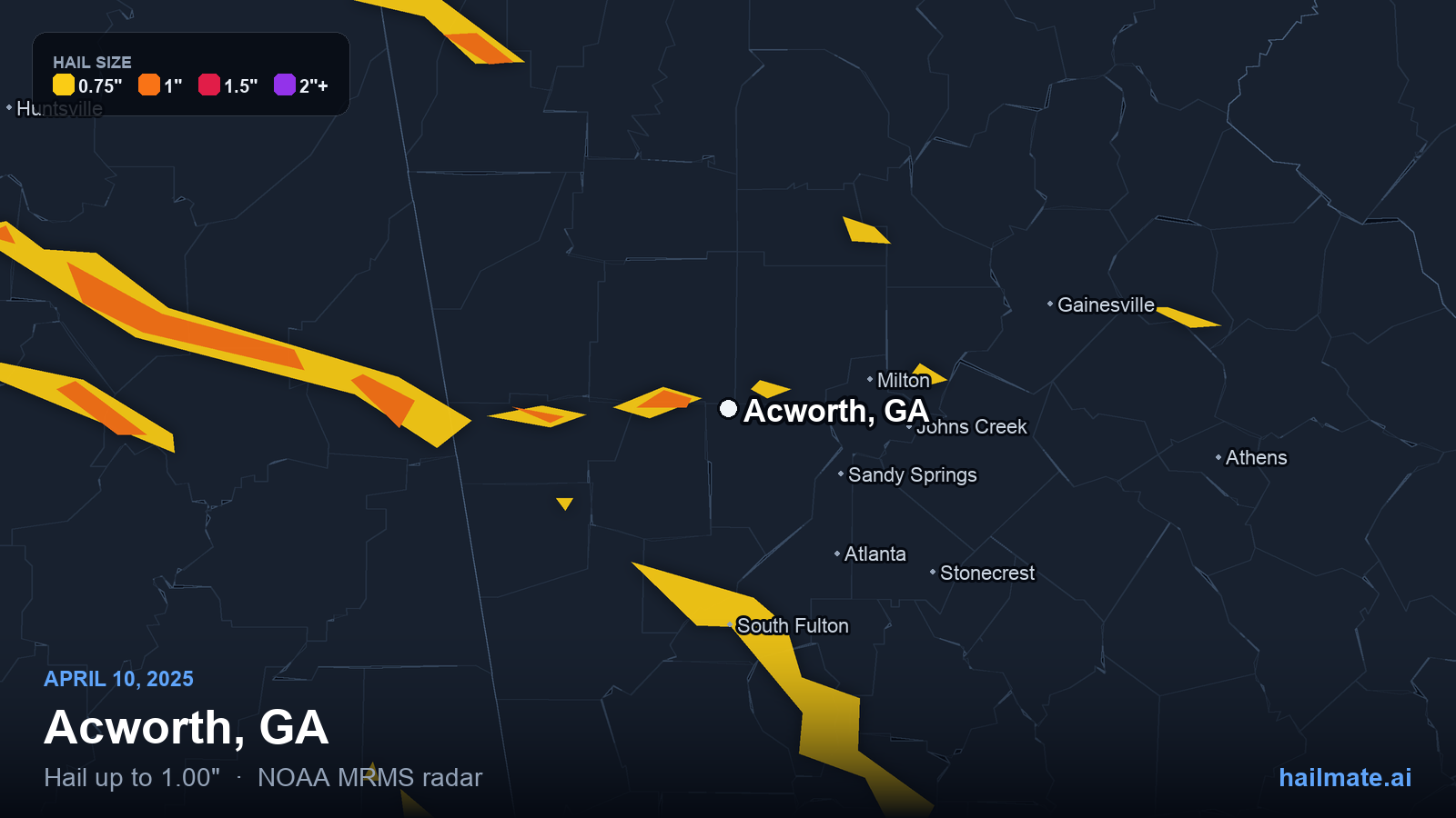 Hail swath map for Acworth, GA on April 10, 2025 showing 1.00 inch hail.