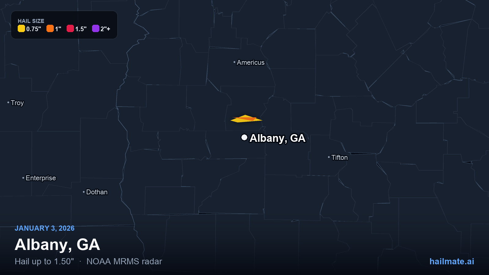 Hail swath map for Albany, GA on January 3, 2026 showing 1.50 inch hail.