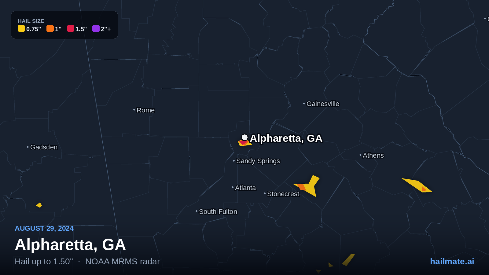 Hail swath map for Alpharetta, GA on August 29, 2024 showing 1.50 inch hail.