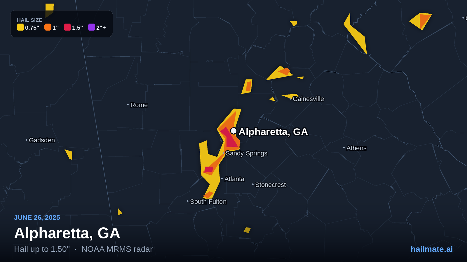Hail swath map for Alpharetta, GA on June 26, 2025 showing 1.50 inch hail.