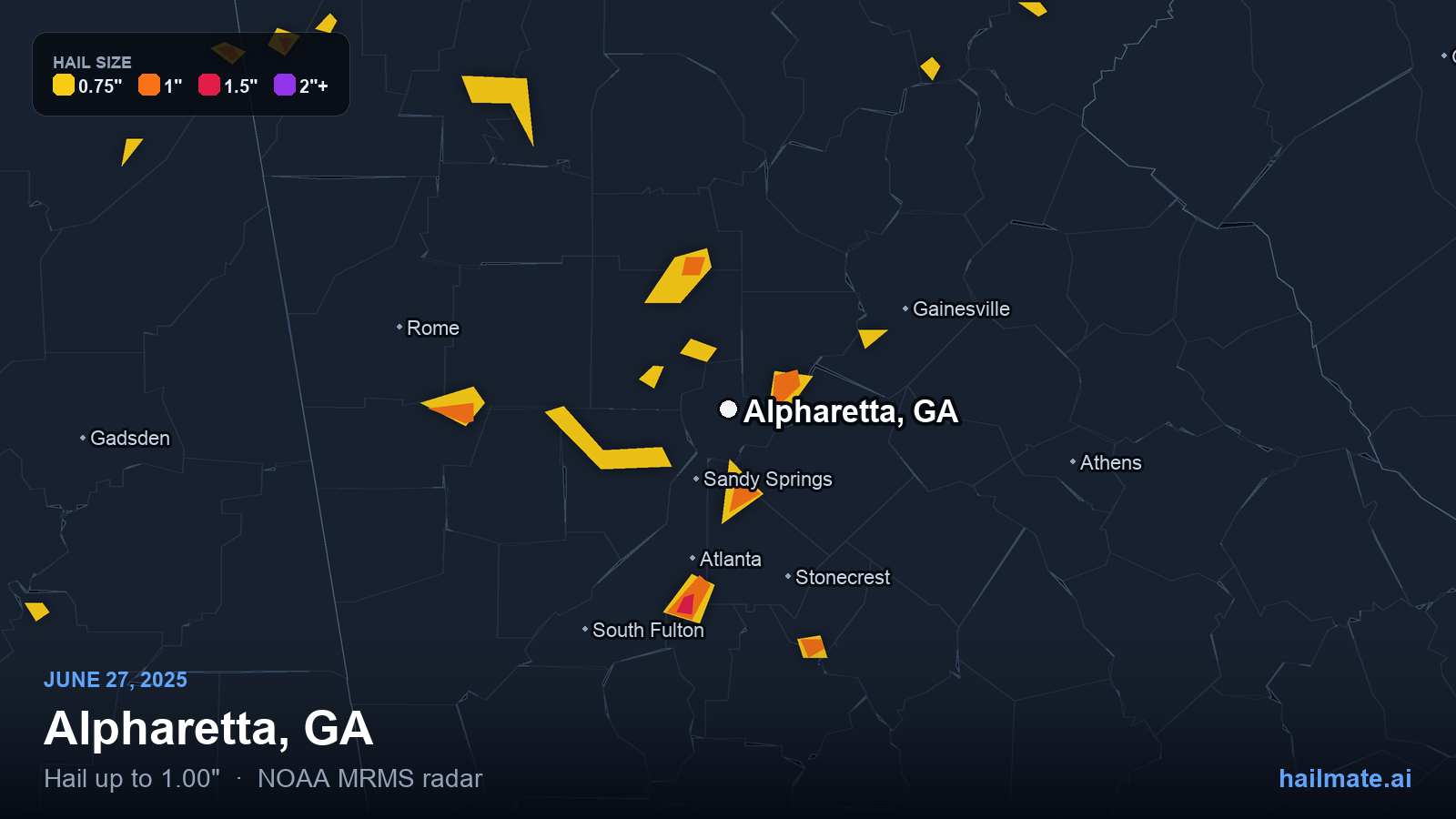 Hail swath map for Alpharetta, GA on June 27, 2025 showing 1.00 inch hail.