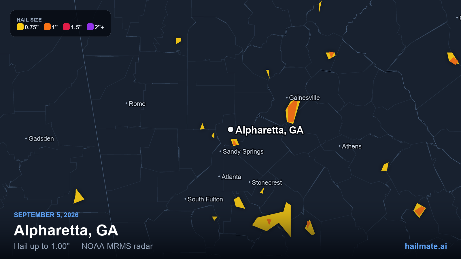 Hail swath map for Alpharetta, GA on September 5, 2026 showing 1.00 inch hail.