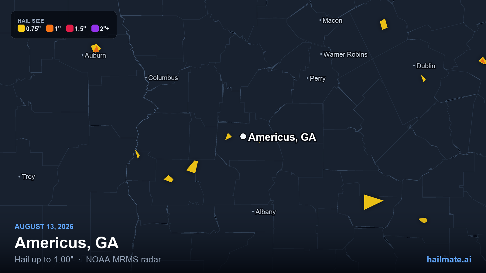 Hail swath map for Americus, GA on August 13, 2026 showing 1.00 inch hail.