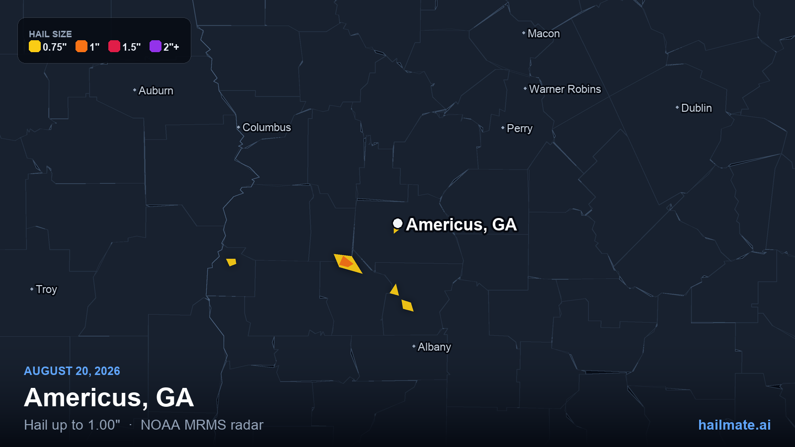 Hail swath map for Americus, GA on August 20, 2026 showing 1.00 inch hail.