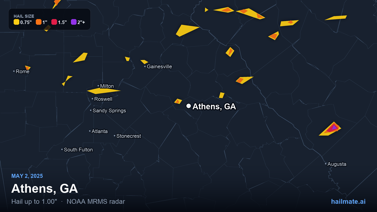 Hail swath map for Athens, GA on May 2, 2025 showing 1.00 inch hail.