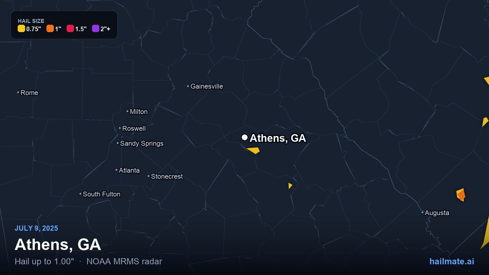 Hail swath map for Athens, GA on July 9, 2025 showing 1.00 inch hail.