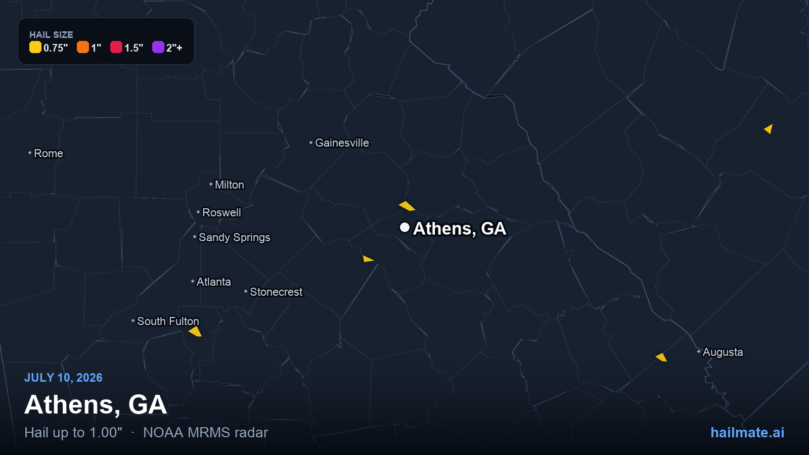 Hail swath map for Athens, GA on July 10, 2026 showing 1.00 inch hail.