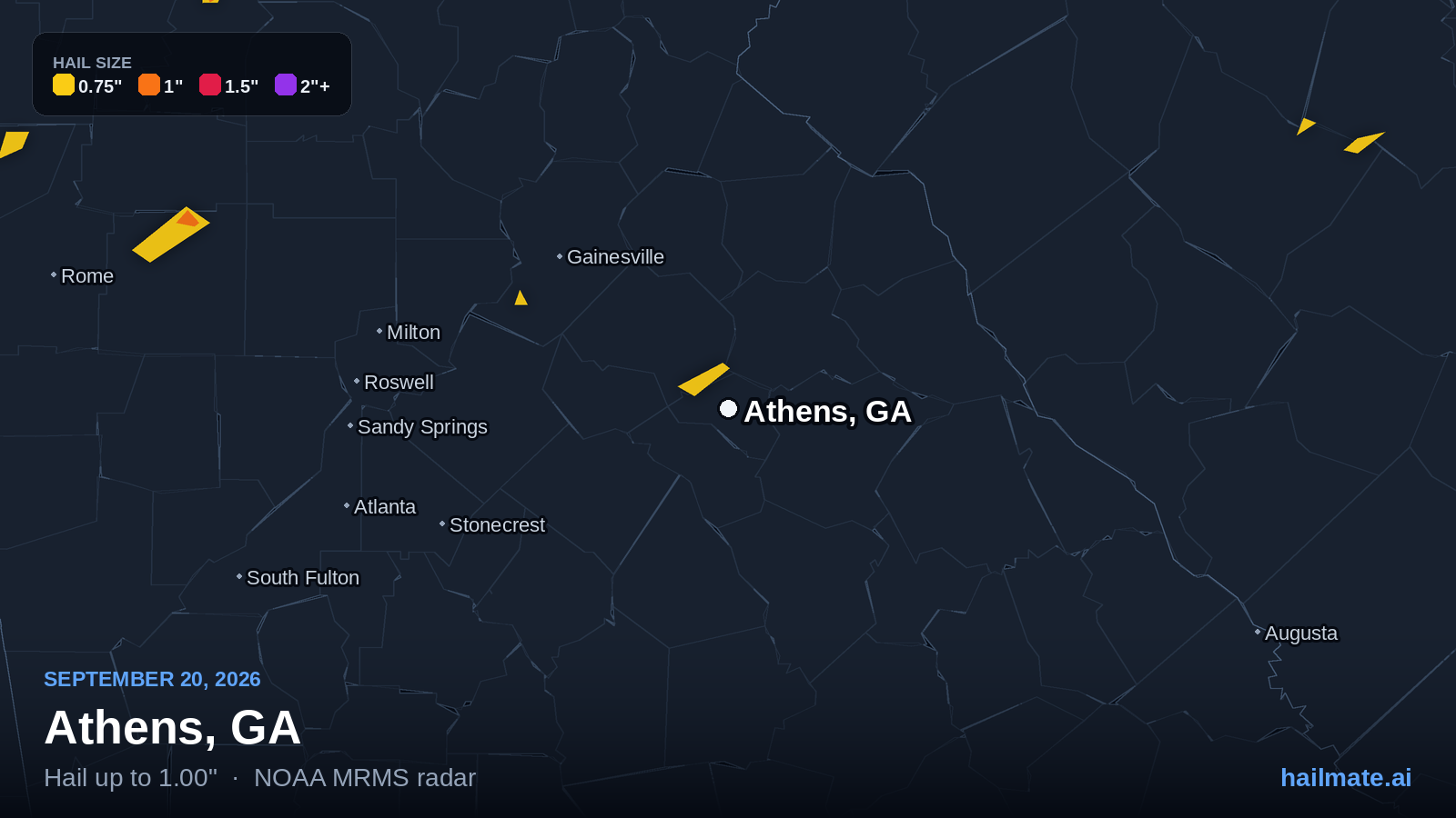Hail swath map for Athens, GA on September 20, 2026 showing 1.00 inch hail.