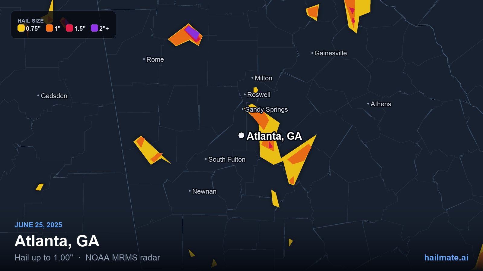 Hail swath map for Atlanta, GA on June 25, 2025 showing 1.00 inch hail.