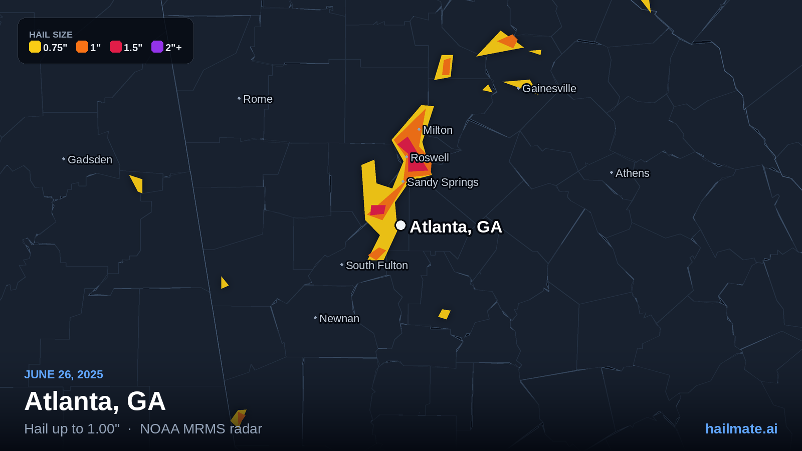 Hail swath map for Atlanta, GA on June 26, 2025 showing 1.00 inch hail.