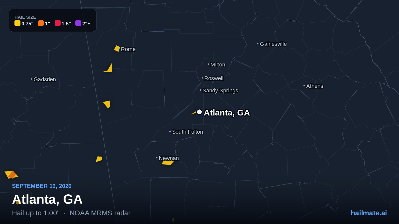 Hail swath map for Atlanta, GA on September 19, 2026 showing 1.00 inch hail.