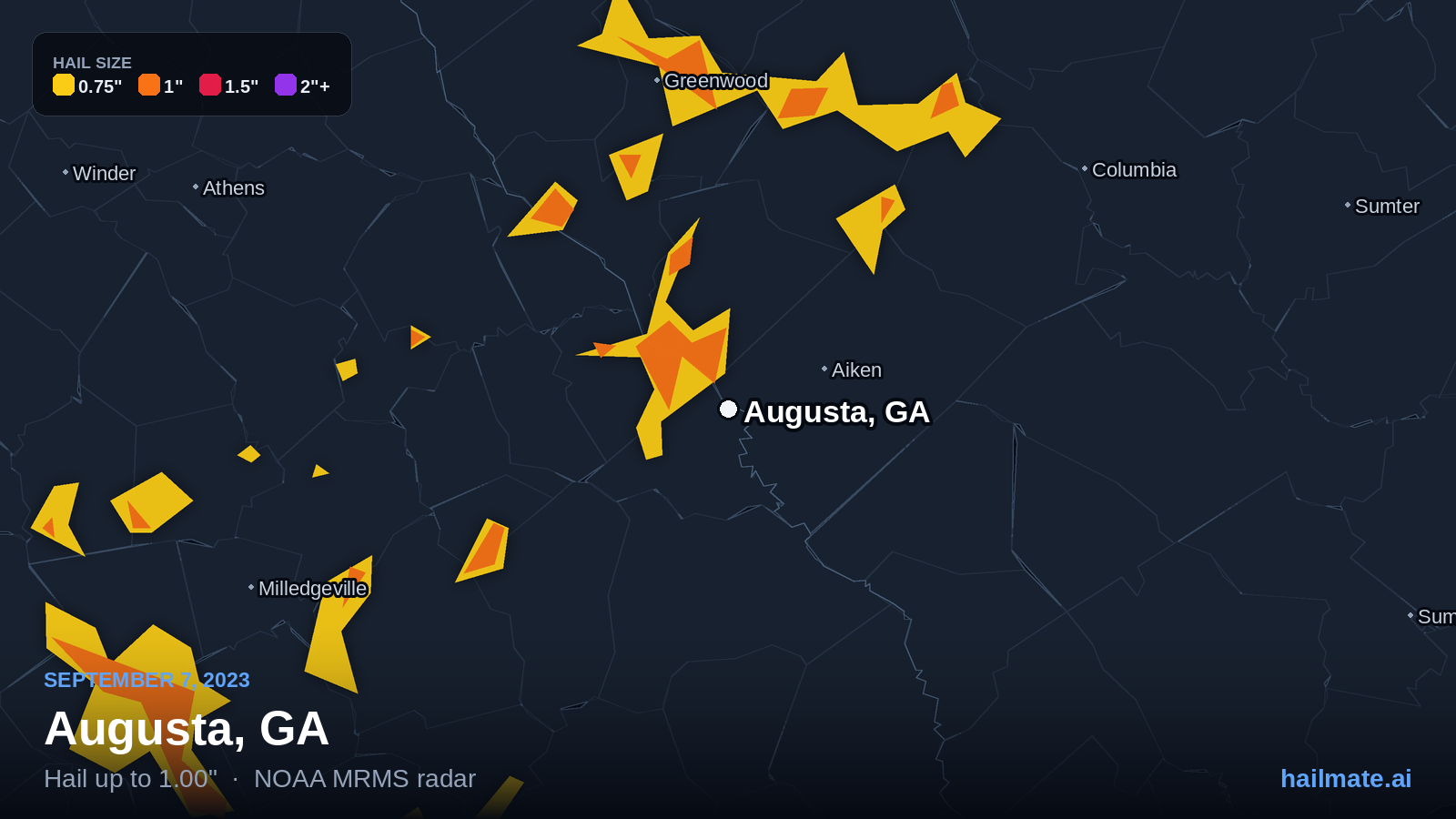 Hail swath map for Augusta, GA on September 7, 2023 showing 1.00 inch hail.