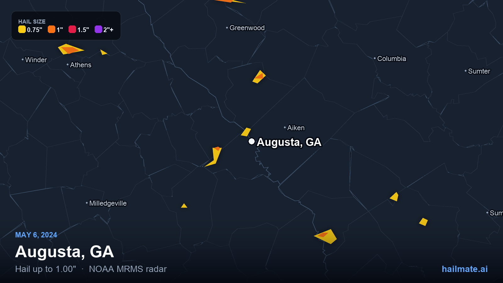 Hail swath map for Augusta, GA on May 6, 2024 showing 1.00 inch hail.
