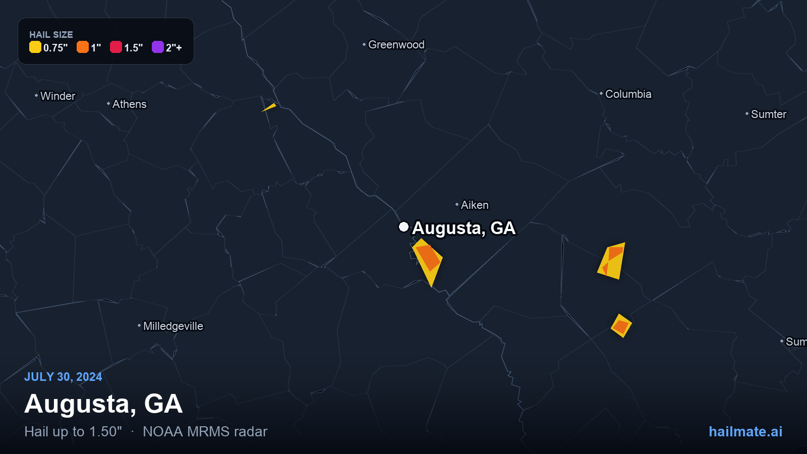 Hail swath map for Augusta, GA on July 30, 2024 showing 1.50 inch hail.