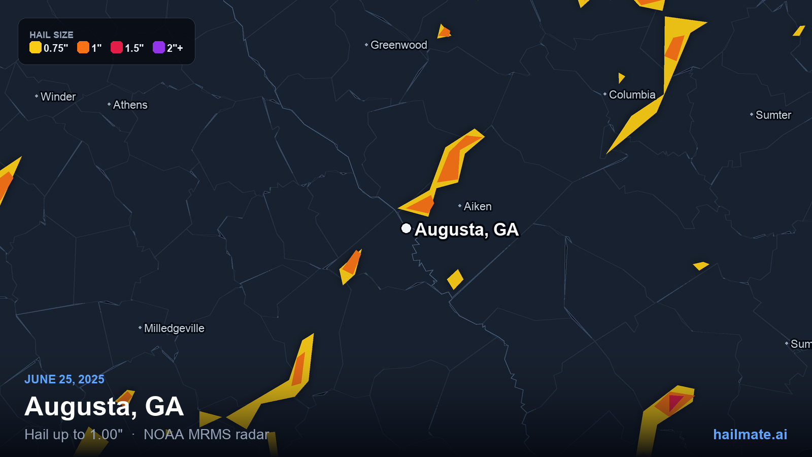 Hail swath map for Augusta, GA on June 25, 2025 showing 1.00 inch hail.