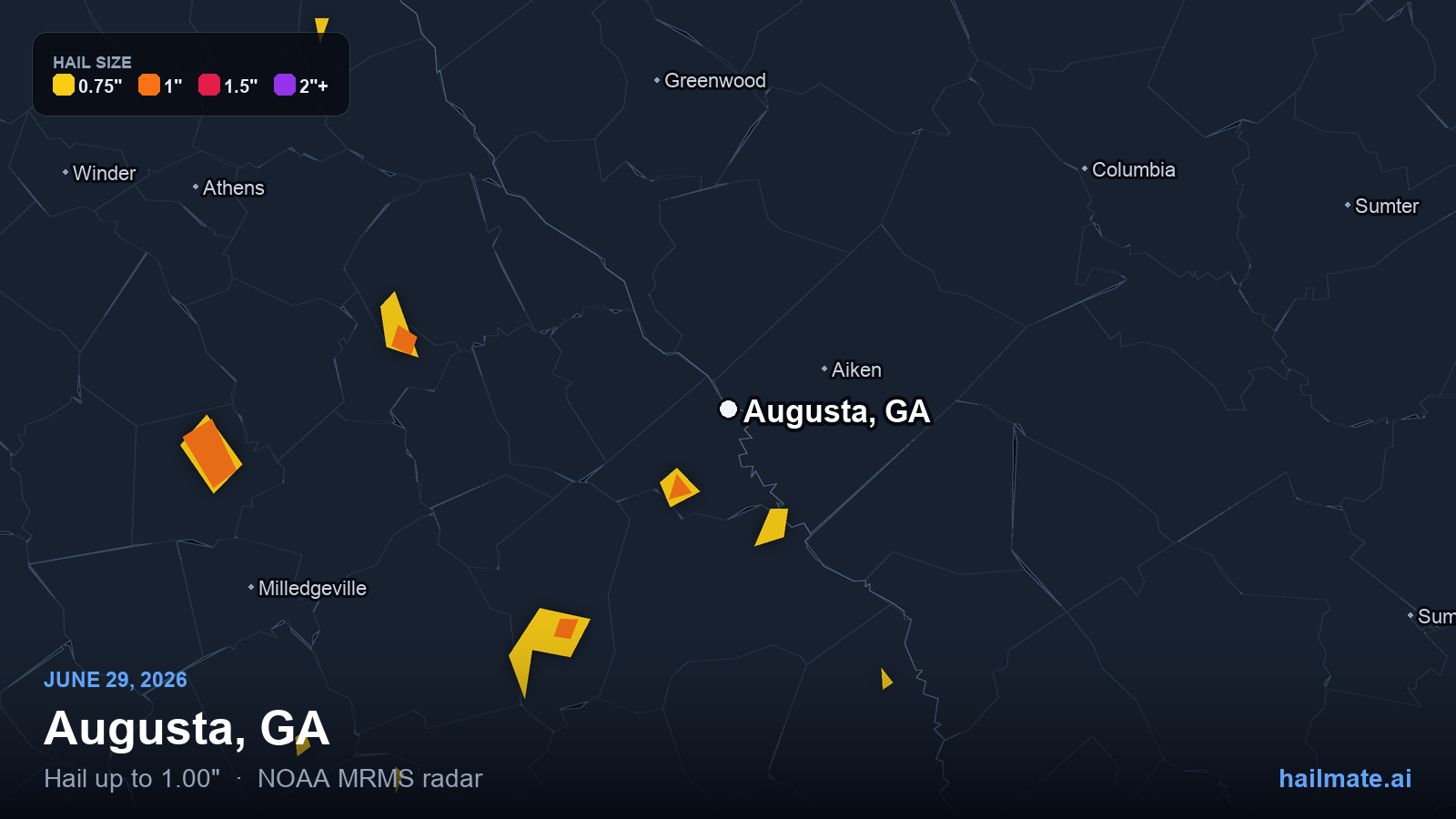 Hail swath map for Augusta, GA on June 29, 2026 showing 1.00 inch hail.