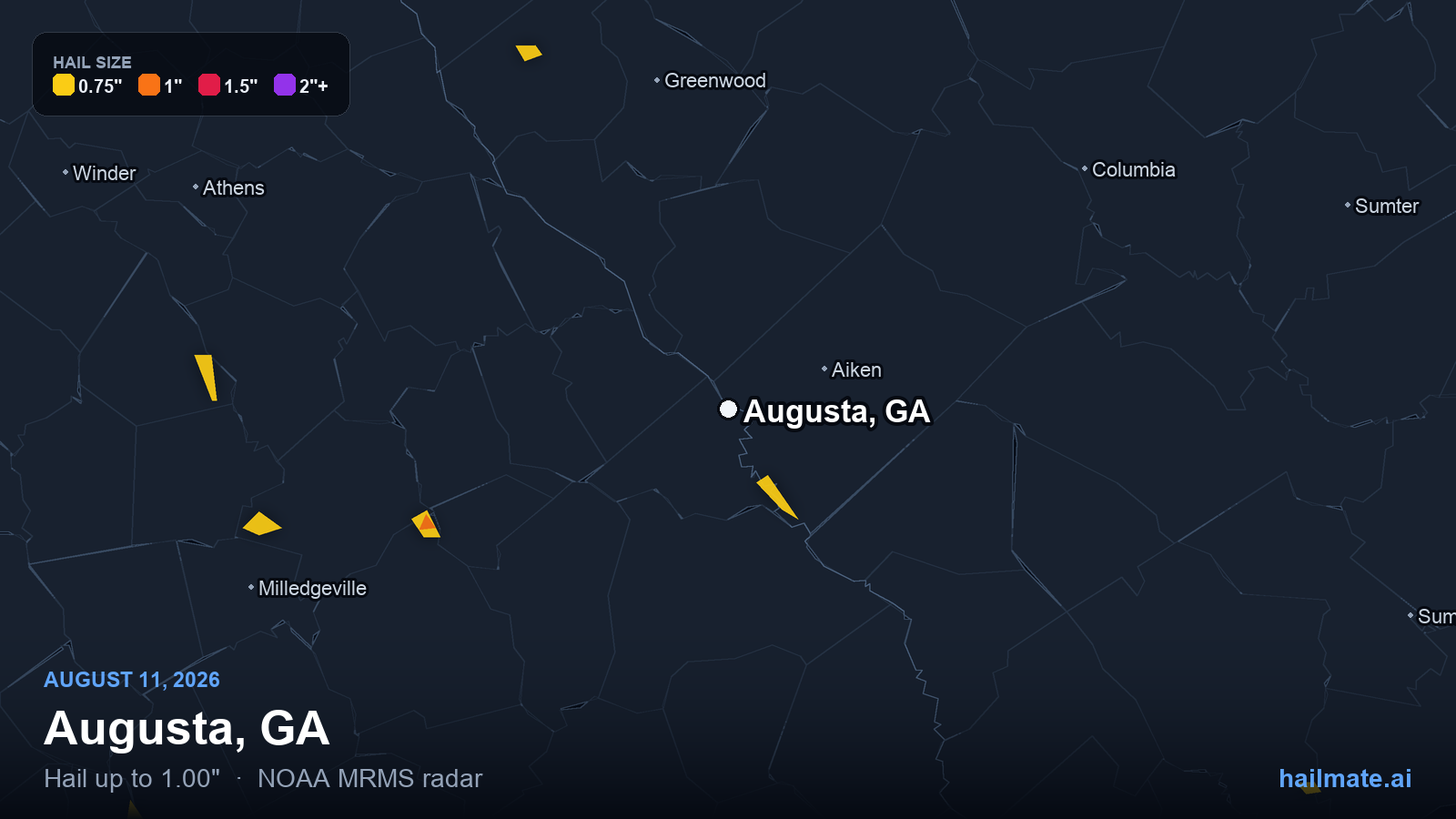 Hail swath map for Augusta, GA on August 11, 2026 showing 1.00 inch hail.