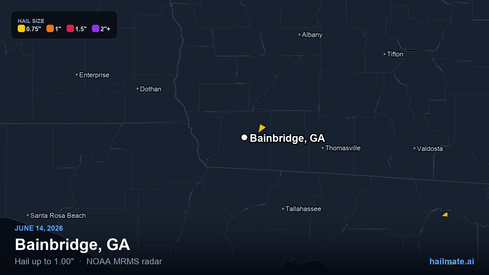 Hail swath map for Bainbridge, GA on June 14, 2026 showing 1.00 inch hail.