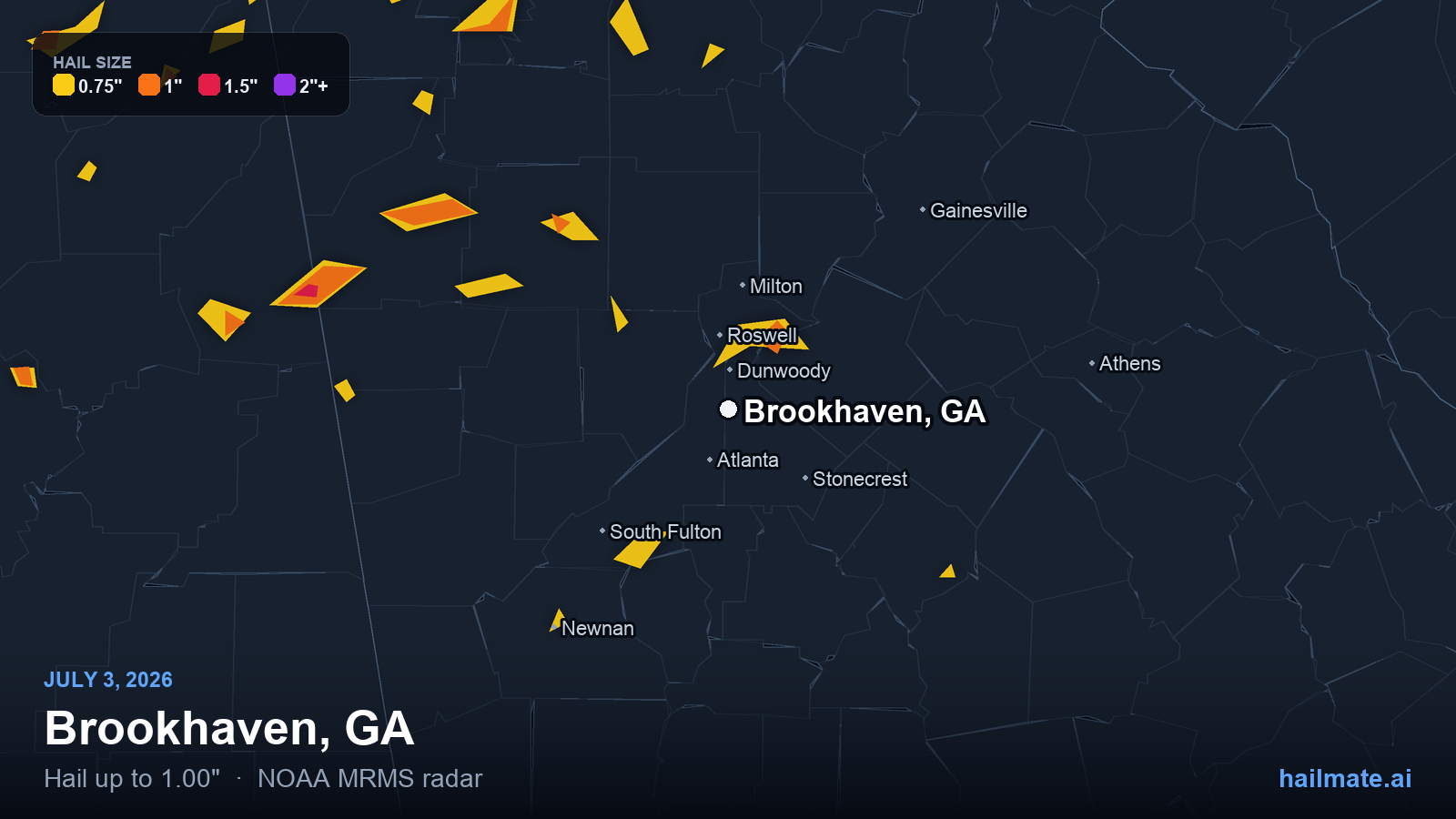 Hail swath map for Brookhaven, GA on July 3, 2026 showing 1.00 inch hail.