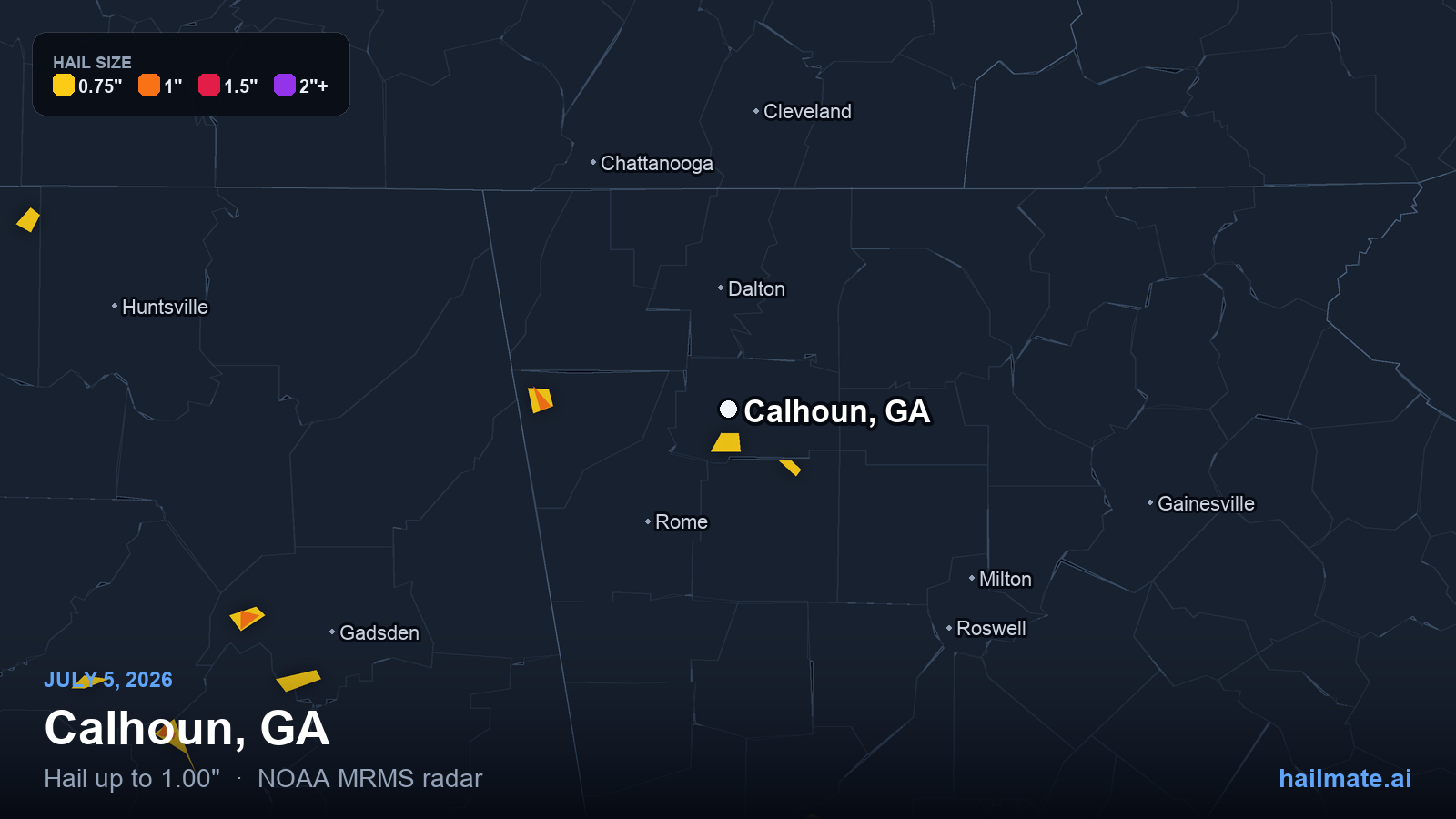 Hail swath map for Calhoun, GA on July 5, 2026 showing 1.00 inch hail.