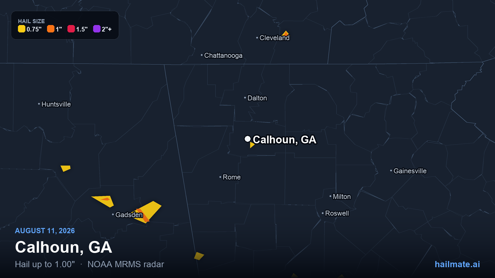Hail swath map for Calhoun, GA on August 11, 2026 showing 1.00 inch hail.