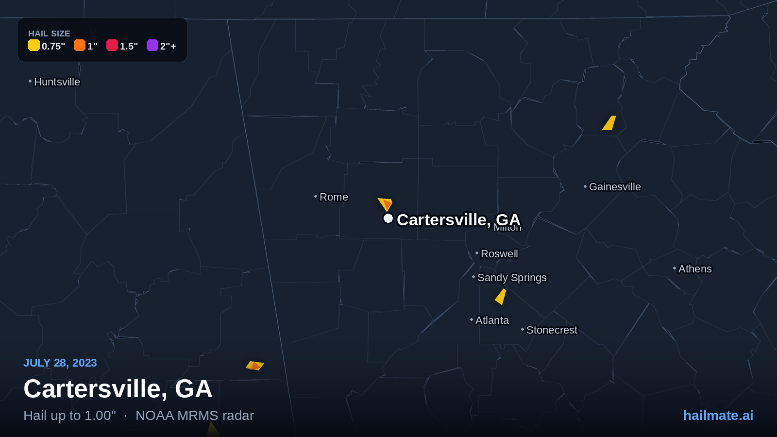 Hail swath map for Cartersville, GA on July 28, 2023 showing 1.00 inch hail.