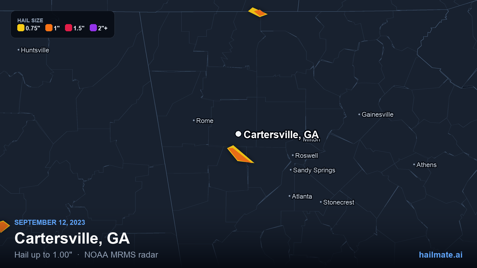 Hail swath map for Cartersville, GA on September 12, 2023 showing 1.00 inch hail.