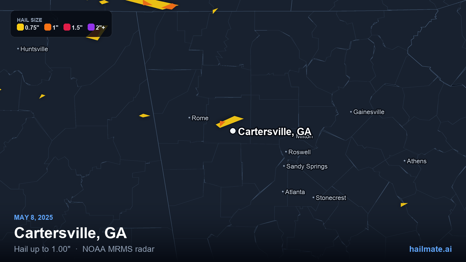 Hail swath map for Cartersville, GA on May 8, 2025 showing 1.00 inch hail.