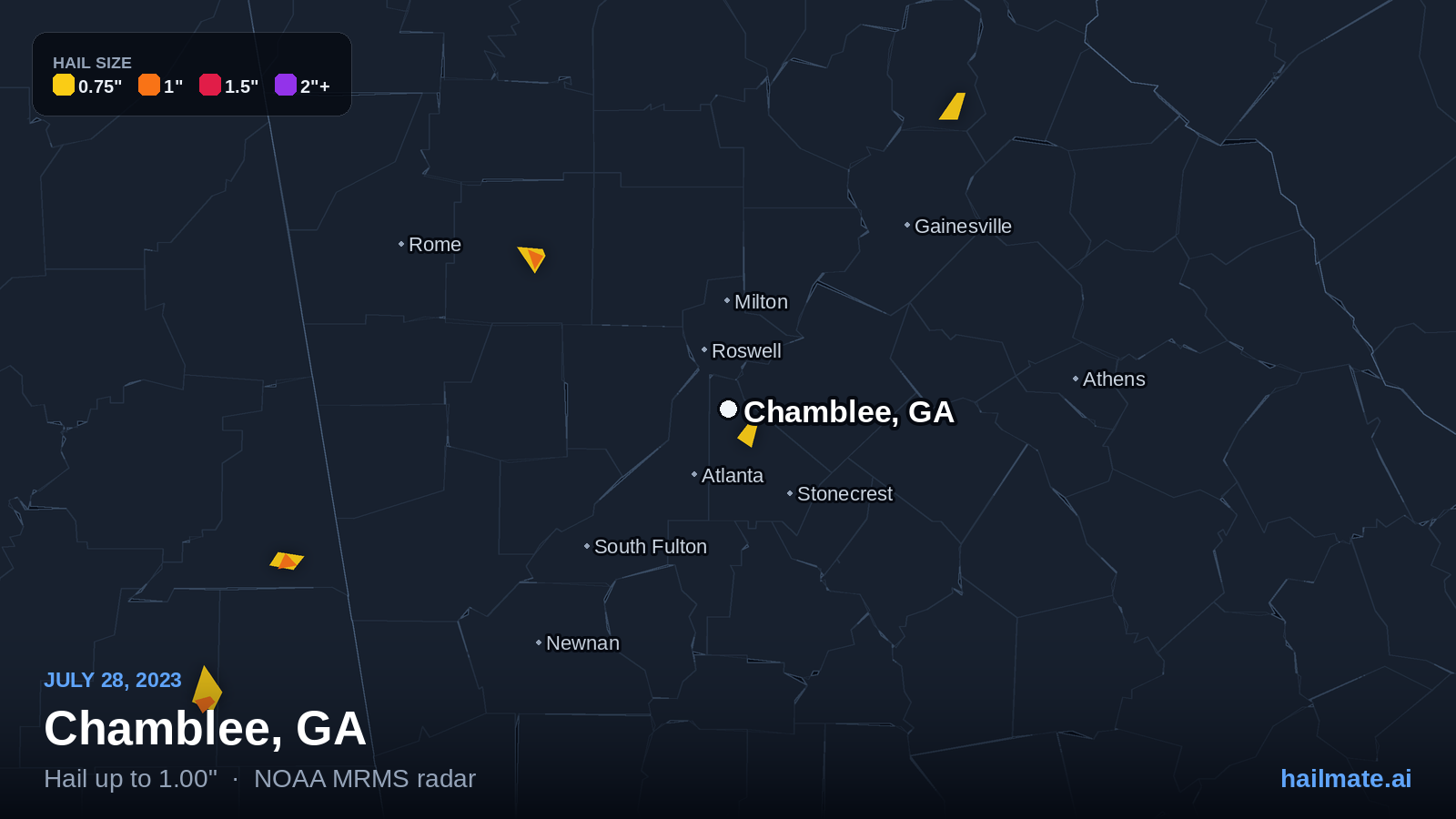 Hail swath map for Chamblee, GA on July 28, 2023 showing 1.00 inch hail.