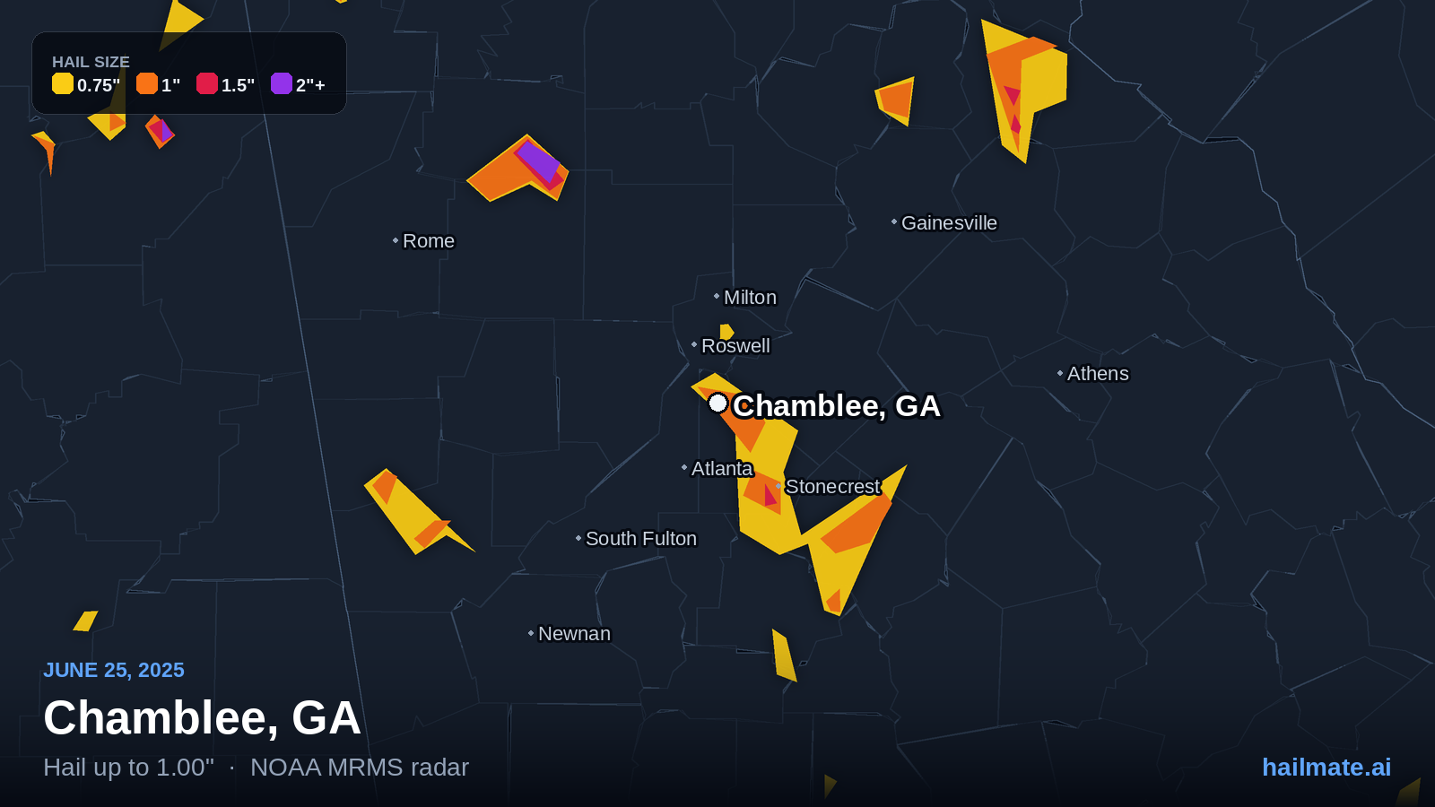 Hail swath map for Chamblee, GA on June 25, 2025 showing 1.00 inch hail.