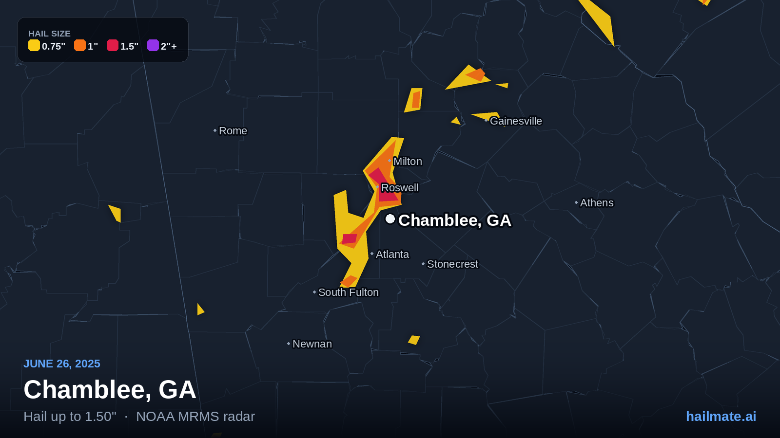 Hail swath map for Chamblee, GA on June 26, 2025 showing 1.50 inch hail.