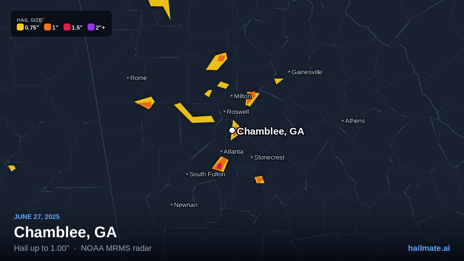 Hail swath map for Chamblee, GA on June 27, 2025 showing 1.00 inch hail.