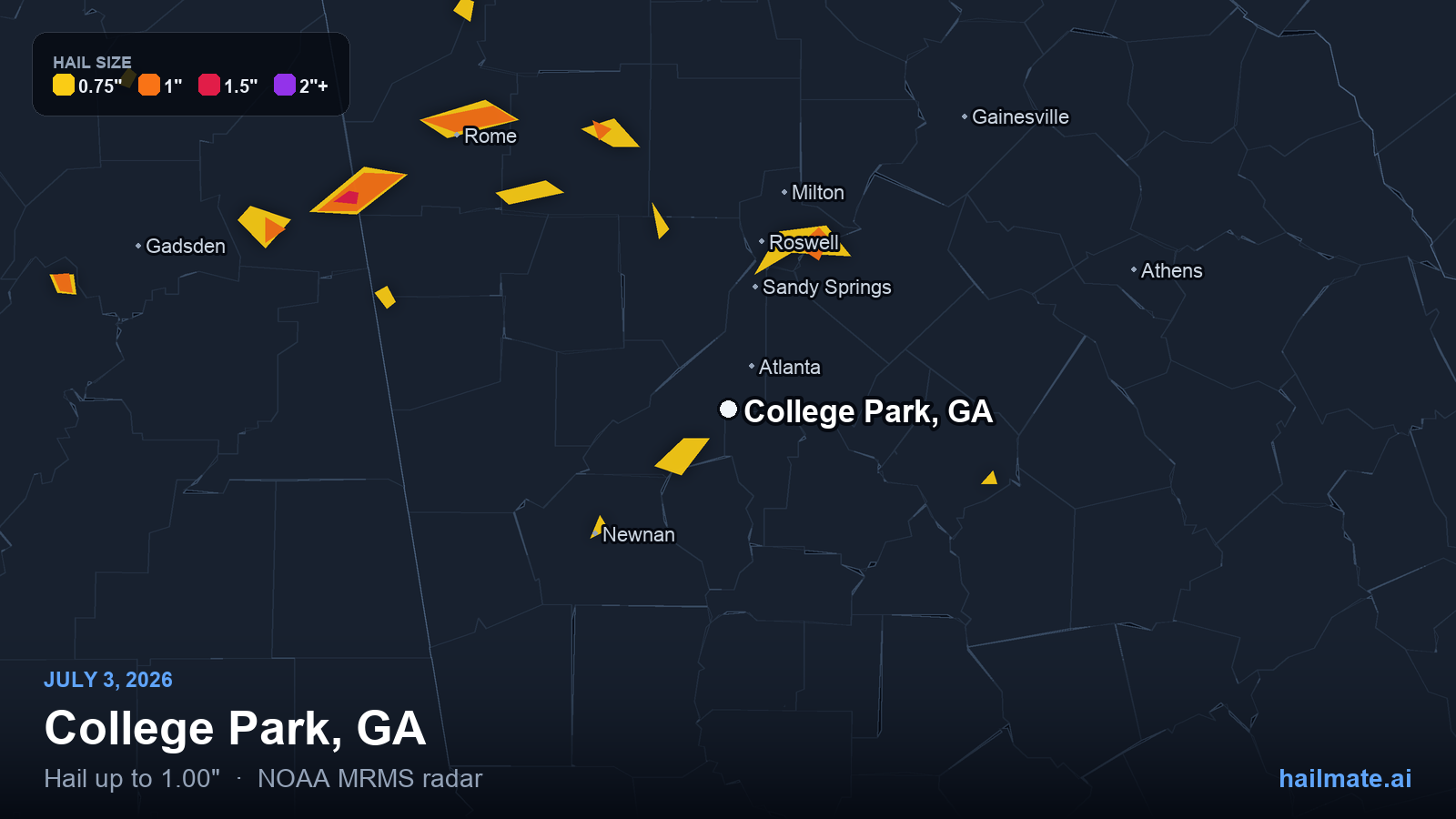 Hail swath map for College Park, GA on July 3, 2026 showing 1.00 inch hail.