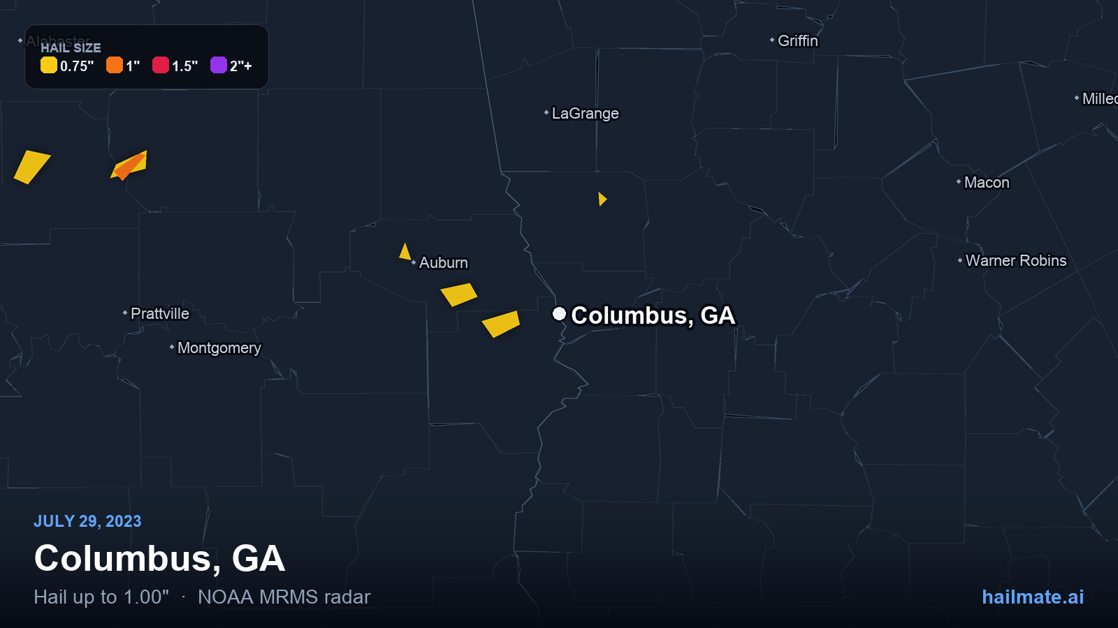 Hail swath map for Columbus, GA on July 29, 2023 showing 1.00 inch hail.