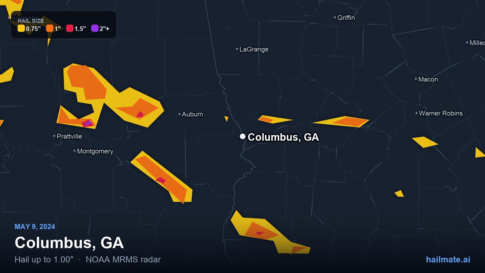 Hail swath map for Columbus, GA on May 9, 2024 showing 1.00 inch hail.
