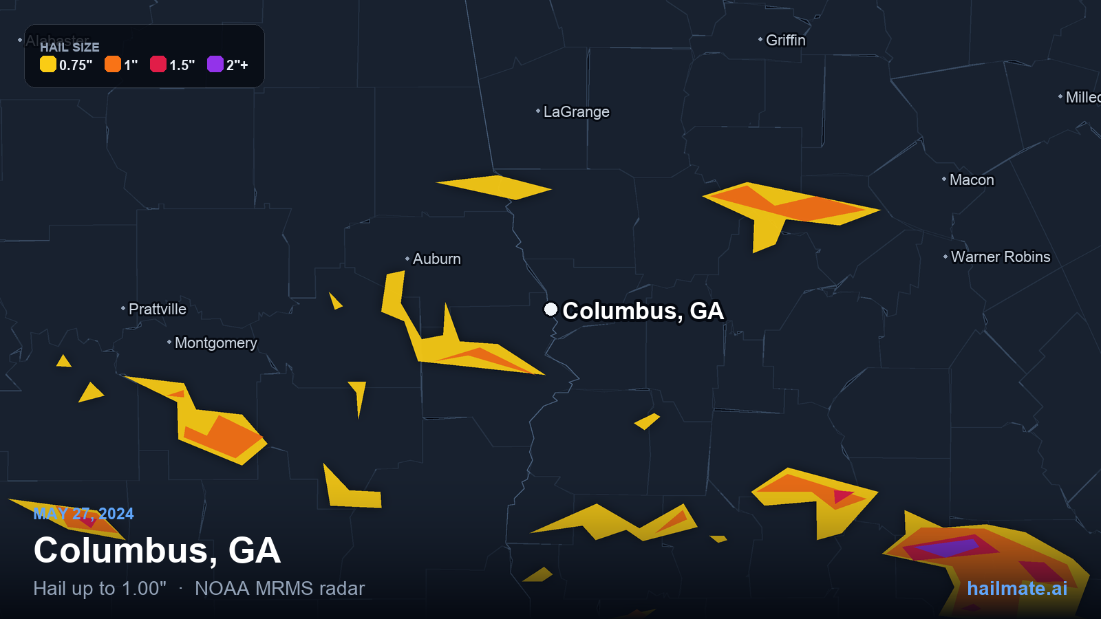 Hail swath map for Columbus, GA on May 27, 2024 showing 1.00 inch hail.