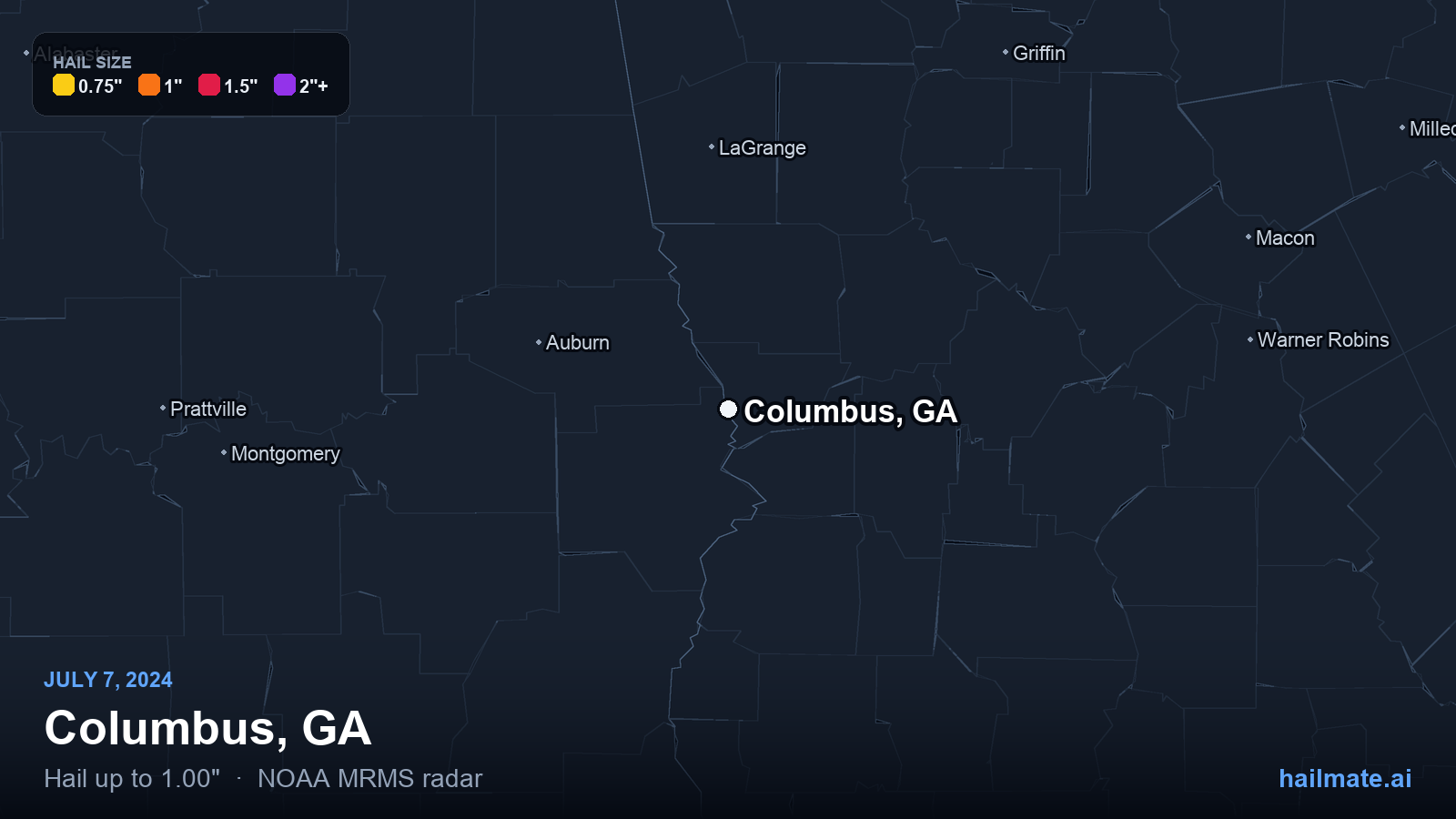 Hail swath map for Columbus, GA on July 7, 2024 showing 1.00 inch hail.