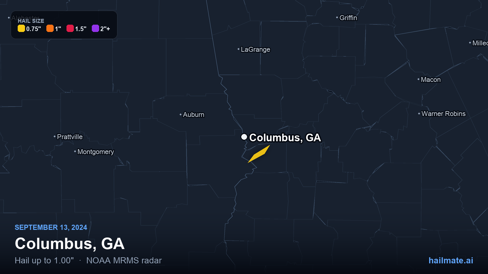Hail swath map for Columbus, GA on September 13, 2024 showing 1.00 inch hail.