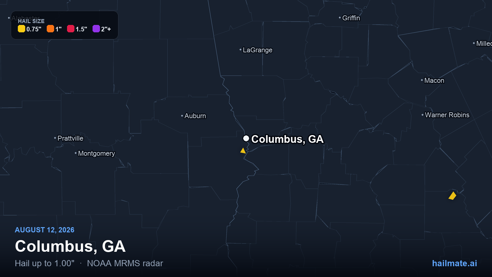 Hail swath map showing 1.00 inch hail over Columbus, Georgia on August 12, 2026.